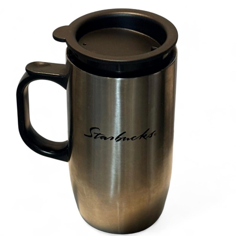 Starbucks Metallic Silver Travel Mug with Black Lid and Handle